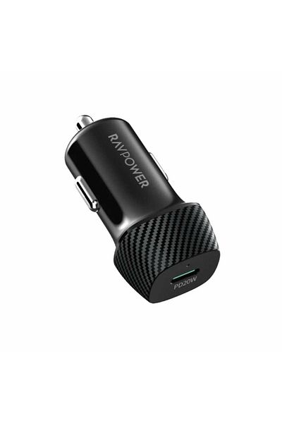 Smart RAVPower 20W Car Charger – Single PD Port, USB-C – Black