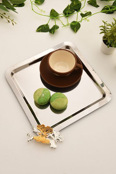 AKSESUAR EVRENİ Nesto Stainless Square Butterfly Detailed Presentation Tray Silver 1 Piece