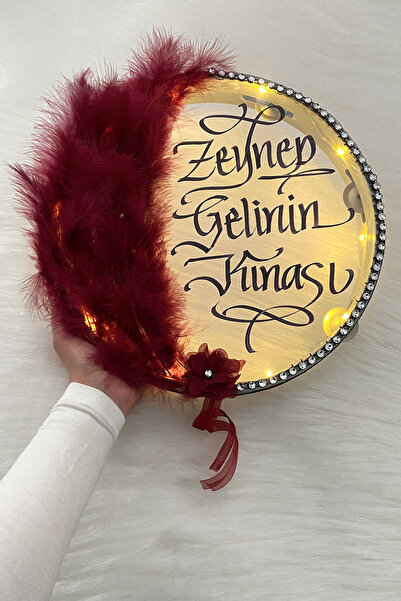 ZEYMERADE Bordo Ledli Şeffaf Gelin Tefi 32cm Tüylü 3d Çiçek Saten Kurdele Düğ...