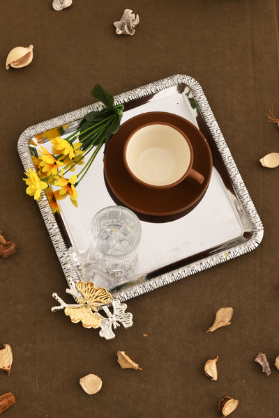 AKSESUAR EVRENİ Maren Stainless Square Patterned Butterfly Detailed Presentation Tray Silver 1 Piece