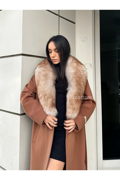 Furora Store Kaşmir Kadın Palto- Çıkarılabilir Kürklü Yaka Kaşmir Ceket- Uzun...