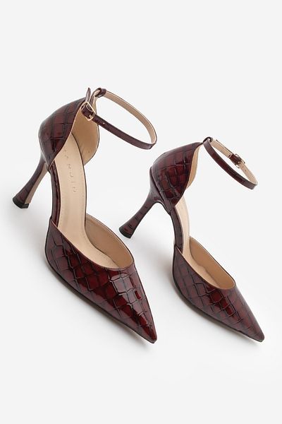 Marjin Women's Stiletto Pointed Toe Ankle Strap Croco Heeled Shoes Menlit Burgundy Croco