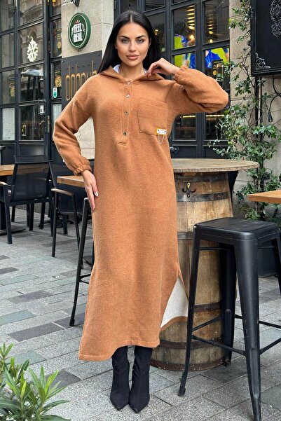 Juuuj Tan Double-Soft Stamp Long Dress with Double-Sided Hood and Slit Detail