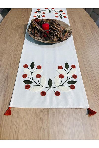 LUWİNO HOME Punch Embroidered Runner & American Service & Tablecloth & Coffee Table Cover 40*130 Cm, Duck Fabric
