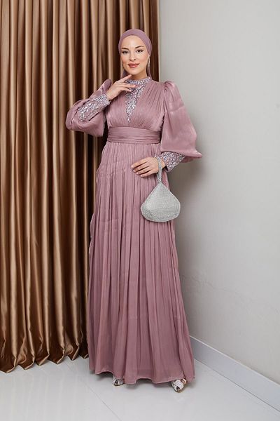 Olcay Rochie de seară cu hijab din mătase Yorgo cu pietre - mâneci și talie evidențiată în față