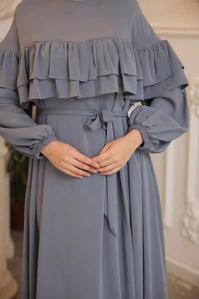 Nissra Ankanoor Γκρι Φαρδύ Φόρεμα με Διπλό Βολάν Anka255068