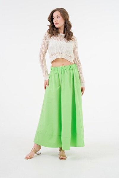 minaaise Grass Green Poplin Long Skirt with Elastic Waist 27321