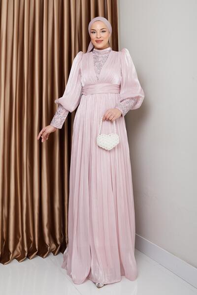 Olcay Βραδινό φόρεμα Yorgo Silk Hijab με μανίκια και πέτρινο μπροστινό μέρος PUDRA 1239