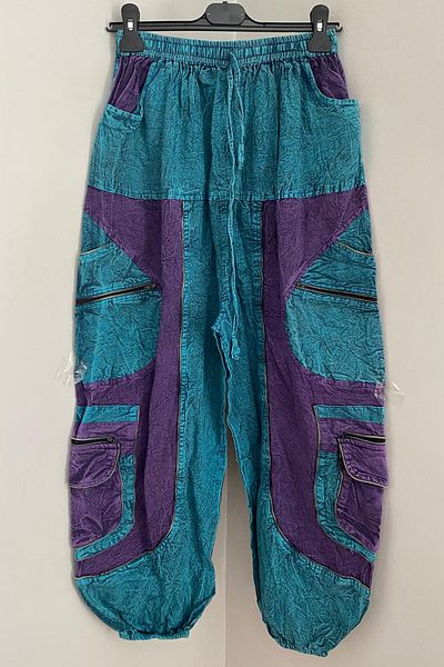 AYASOFYA OTANTIK Unisex Nepalese Turquoise Ethnic Waist and Legs Elastic Bag Pocket Cotton Loose Bohemian Baggy Trousers