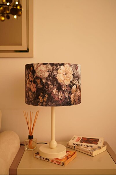 retro home design Krem Top Ayaklı Özel Mor Çiçek Model Detaylı Masa Lambası D...