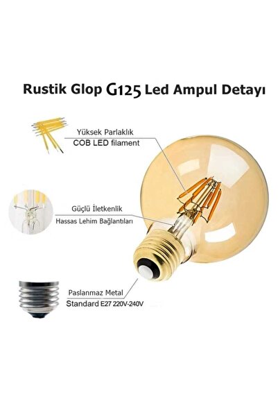 Heka 6 Watt Rustik Led Ampul G125 Glop Rustik Ampul E27 Duy Amber Renk Cam 25...
