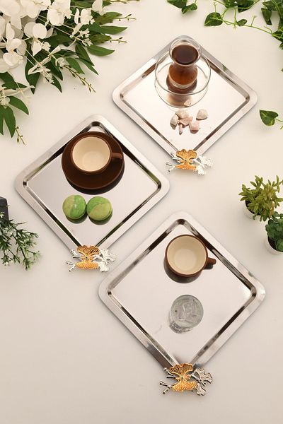 AKSESUAR EVRENİ Nesto Stainless Square Butterfly Detailed Presentation Tray Silver Set of 3