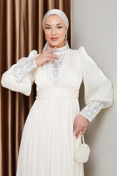 Olcay Βραδινό φόρεμα Yorgo Silk Tes ettürü με πέτρινο ύφασμα - μανίκια και πριν