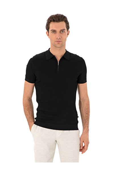 Cacharel Black Slim Fit Zippered Polo Neck Knitwear T-Shirt 50300834-Vr046