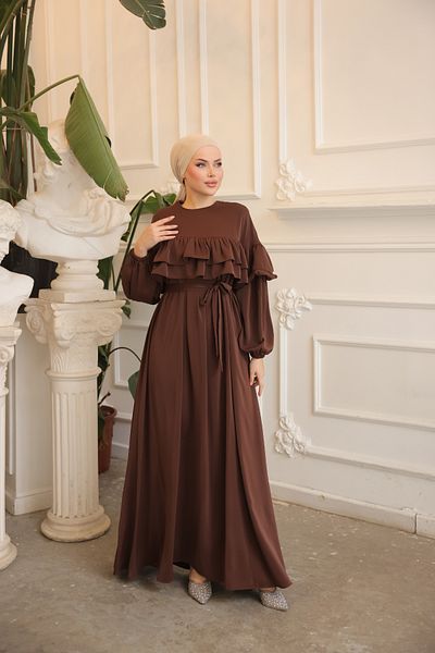 Nissra Ankanoor Bitter Brown Double Ruffle Casual Dress Anka 255068