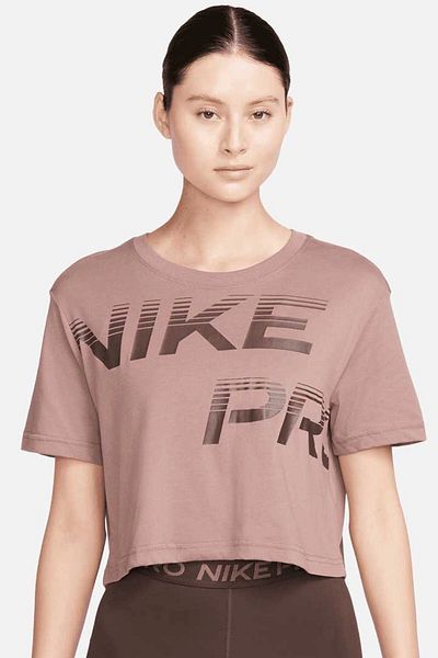 Nike Pro Dri Fit Graphics Loose Fit T-shirt Γυναικείο Crop Μεγάλου Μεγέθους Καθημερινό T-shirt Καφέ