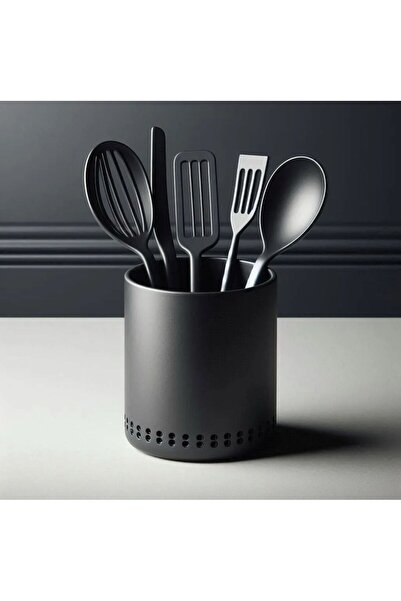 ÇAKRA Suport cilindric pentru ustensile de bucătărie, negru mat, cu găuri inf...
