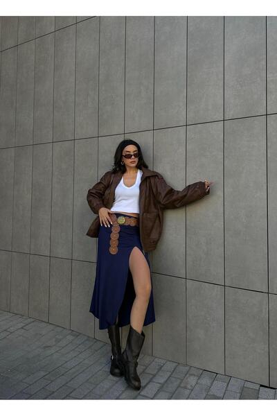 minaaise Fusta de damă, albastru bleumarin, cu fantă adâncă, din bumbac pieptănat, cu talie adunată 29114