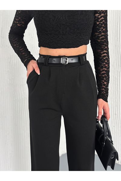 Winmoda34 Women's Double Pleated Flexible Belt Detail Palazzo Fabric Pants