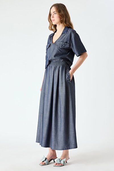 FEVER Taş detaylı pilili midi etek