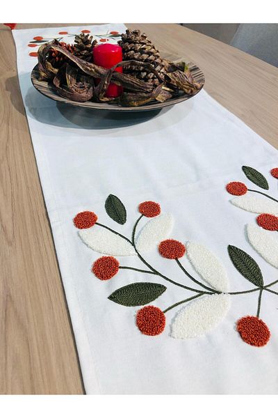 LUWİNO HOME Punch Embroidered Runner & American Service & Tablecloth & Coffee Table Cover 40*130 Cm, Duck Fabric