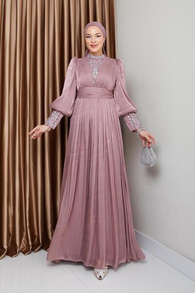 Olcay Yorgo Silk Hijab βραδινό φόρεμα με πέτρινο ύφασμα - Μανίκια και μπροστινή πέτρα εμφανή