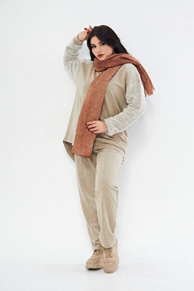 Butik Payetli Uzun Kol Pamuklu Takım-krem
