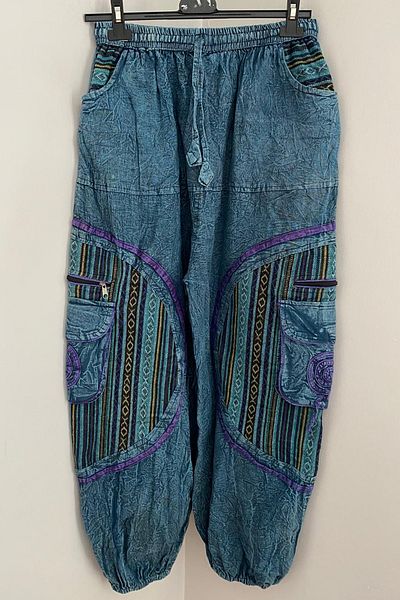 AYASOFYA OTANTIK Unisex Nepalese Turquoise Ethnic Patterned Loose Bohemian Baggy Trousers with Elastic Waist and Legs and Pocket Detail