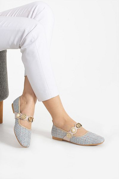 Mepa Ayakkabı Tweed Fabric Pearl Detailed Closed Back Low Heeled Mary Jane Daily Lilac Straw Women's Ballerinas