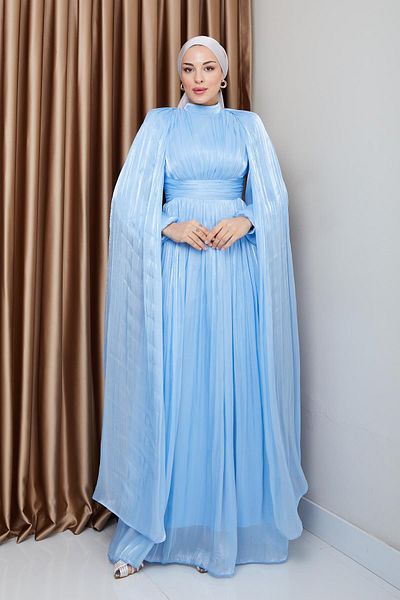 Olcay Yorgo Silk Hijab večerní šaty s páskem a detailem mysu SVĚTLE MODRÁ 1237