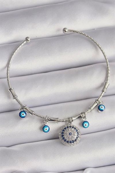 Clariss Brass Silver Color Dangle Zircon Stone Evil Eye Bead Figure Charm Bracelet