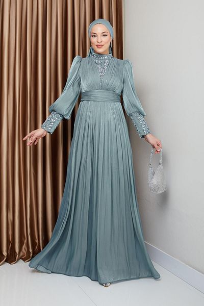 Olcay Yorgo Seiden-Hijab-Abendkleid mit Ärmeln und Steinsteinfront AQUA GREEN 1239