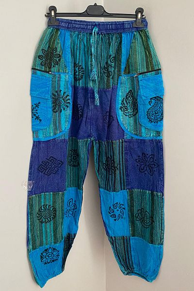 AYASOFYA OTANTIK Unisex Nepalese Turquoise Ethnic Patterned Cotton Loose Bohemian Baggy Trousers with Elastic Waist and Pockets