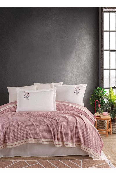 Marka Pink Newhome Checkered Hand Embroidery Apple Kamat Set 100% Cotton