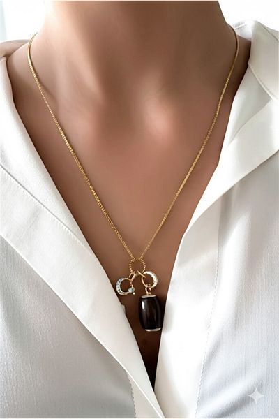 ADRENALYN Gold Color Steel Chain Zircon Stone Moon Star Natural Garnet Stone Necklace