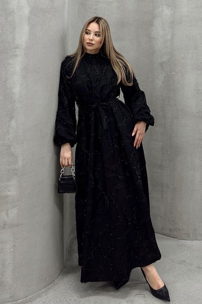 Olcay Schwarzes Hijab-Abendkleid mit Quasten und Glitzerdetails 1526