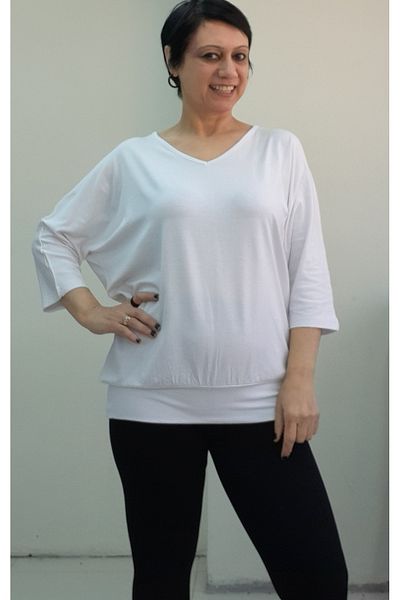 Mertcan Butik White V-Neck Bat Three Quarter Sleeve Combed Viscose T-Shirt
