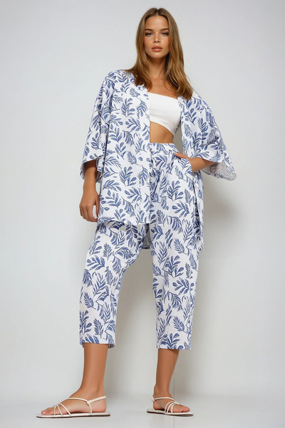 VAGGON Blue Print Women's Kimono Jacket and Pants Set with Linen Woven Bottom Top