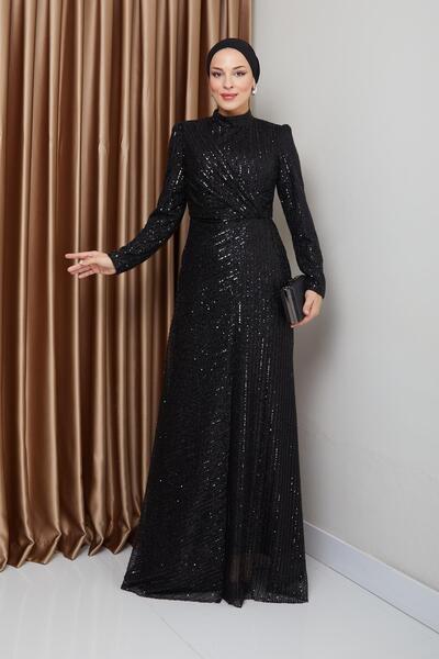 Olcay Večerní hidžábové šaty s flitry - černé 1677