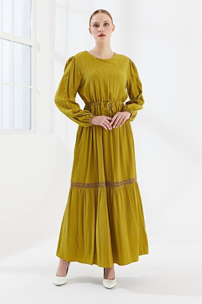 Genel Markalar Dadali Belden Bağlamalı Dantel Detaylı Elbise Yağ Yeşili
