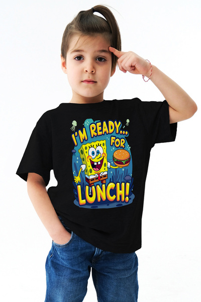 Kids Sünger Bob Baskılı Unisex Siyah Çocuk Tişört