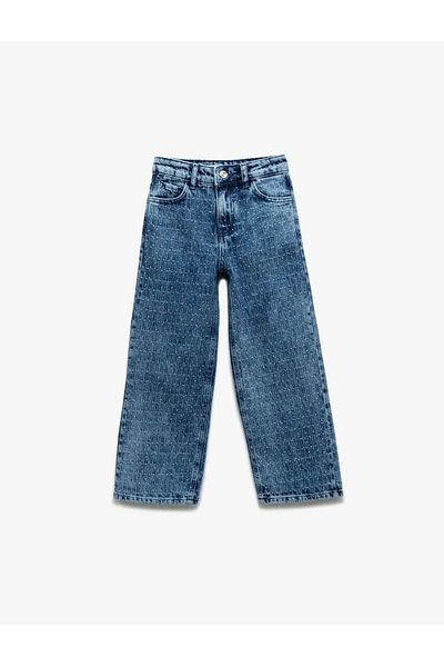Koton Pantaloni de jeans pentru fete, din bumbac, cu picioare largi, deschise, indigo 5skg40119ad