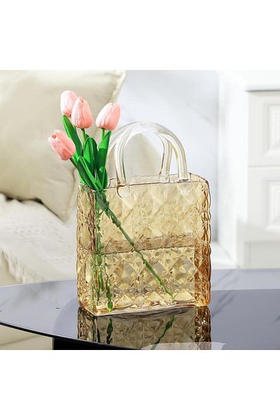 Nettenevime Bag Vase Cornered Model Glass Flower Vase Decorative Honey Amber Vase Large Size Glass Bag Vase
