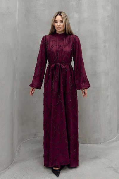 Olcay Detailliertes Hijab-Abendkleid mit Quasten und Glitzer in Weinrot 1526