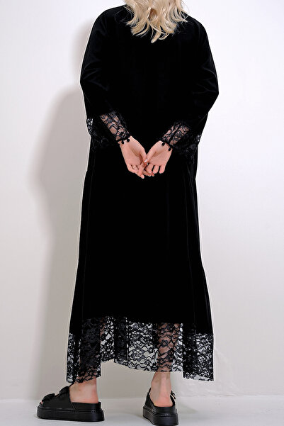 VAGGON Women's Black Judge Collar Robe Buttoned Lace Detailed Maxiboy Dress Prmx12005
