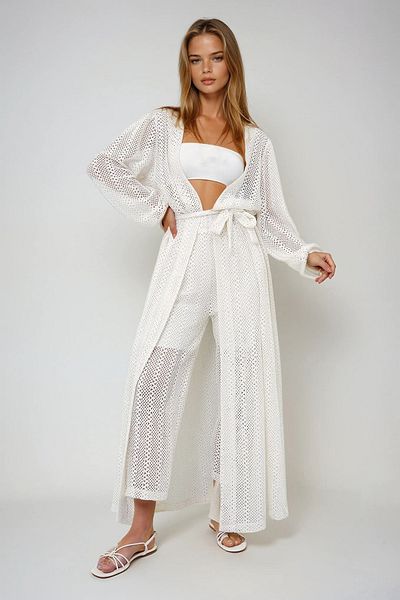 VAGGON Women's Ecru Self-Textured Openwork Long Pants Kimono Suit Prmx11710