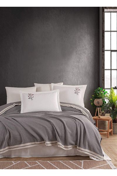 Marka Newhome Checkered Hand Embroidered 100% Cotton Pique Set Anthracite
