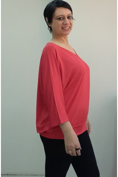 Mertcan Butik Red V-Neck Bat Three Quarter Sleeve Combed Viscose T-Shirt