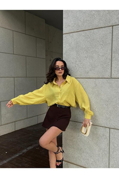 minaaise Γυναικείο πουκάμισο Oversize από ύφασμα Oil Green Modal με λεπτομέρε...