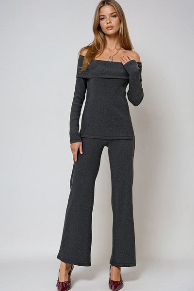 VAGGON Γυναικείο Anthracite Madonna Collar Camisole Μπλούζα και Παντελόνι Σετ Prmx13060